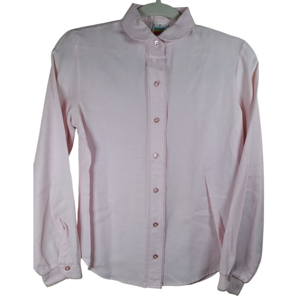 Rare Vintage 70s Wrangler Shirt Women's Teen Size 7 USA Pink Long SL Lace Trim